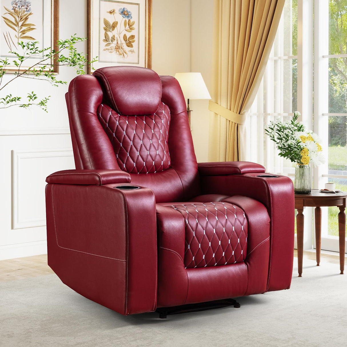 ANJ Power Recliner Chair with USB Ports and Cup Holders - Overstuffed Electric Home Theater Seating PU Leather Reclining Furniture with Hidden Arm Storage, Easy to Clean (Red) ANJ