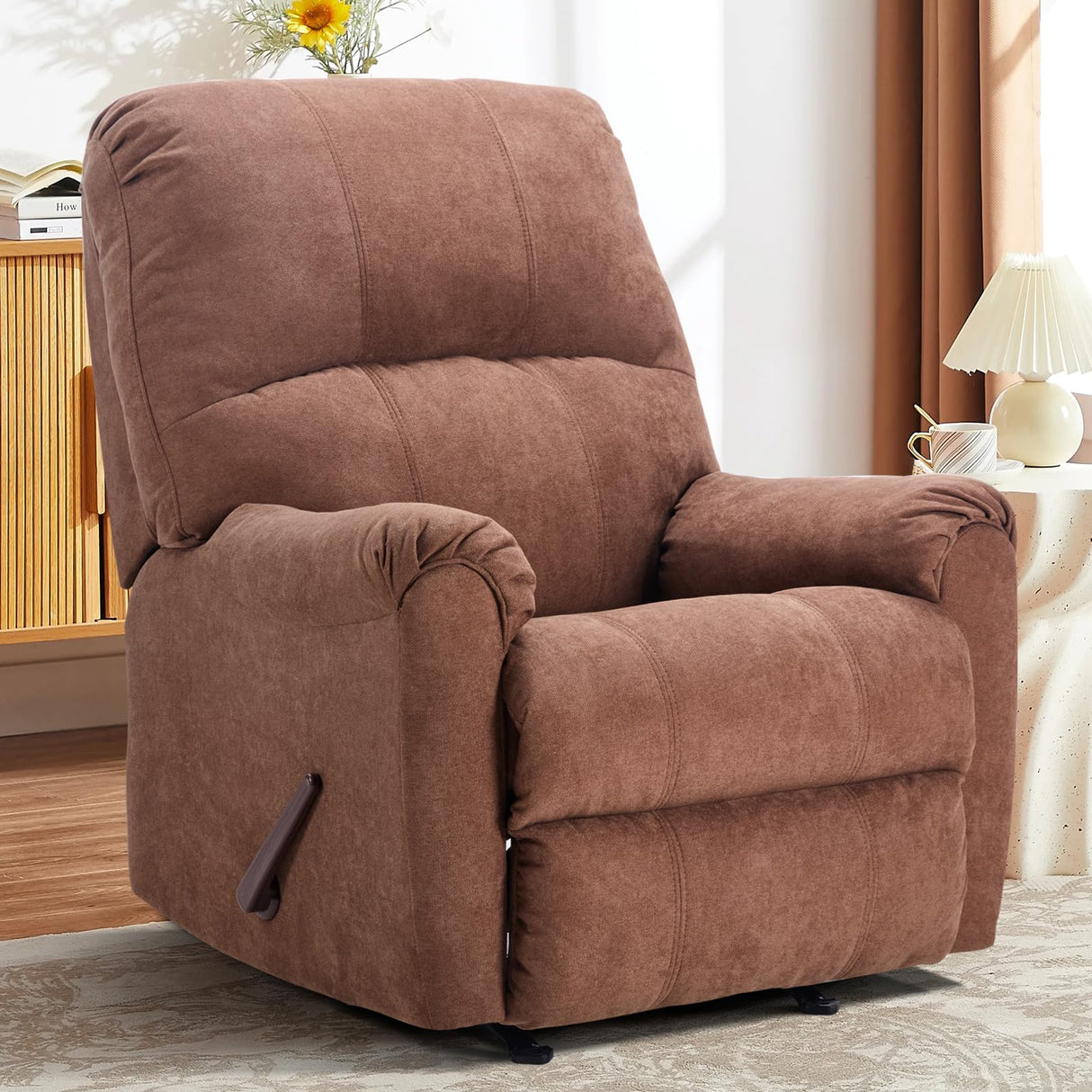 CANMOV Rocker Recliner Chair for Adults,Manual Recliner Chair with Overstuffed Backrest and Armrests, Soft Fabric Manual Rocking Reclining Sofa for Living Room,Brown CANMOV