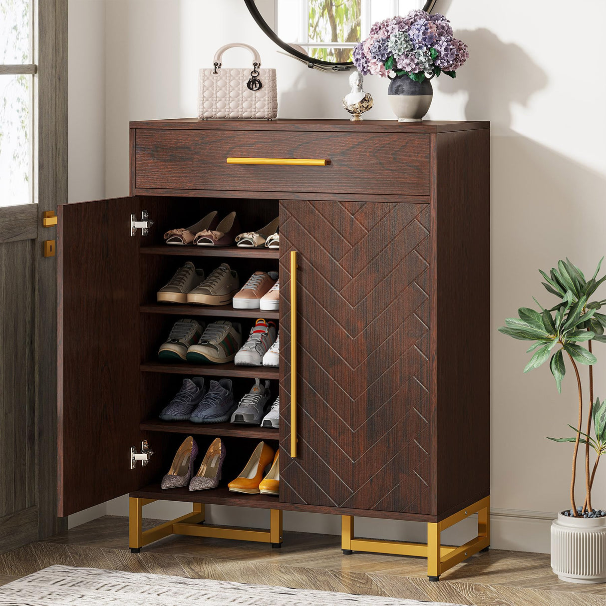 Tribesigns Shoe Cabinet with Doors, 20 Pairs Shoe Storage Cabinet with Drawer for Entryway, Modern Shoe Rack Organizer with Shelves for Hallways Bedroom Living Room, Walnut and Gold Tribesigns