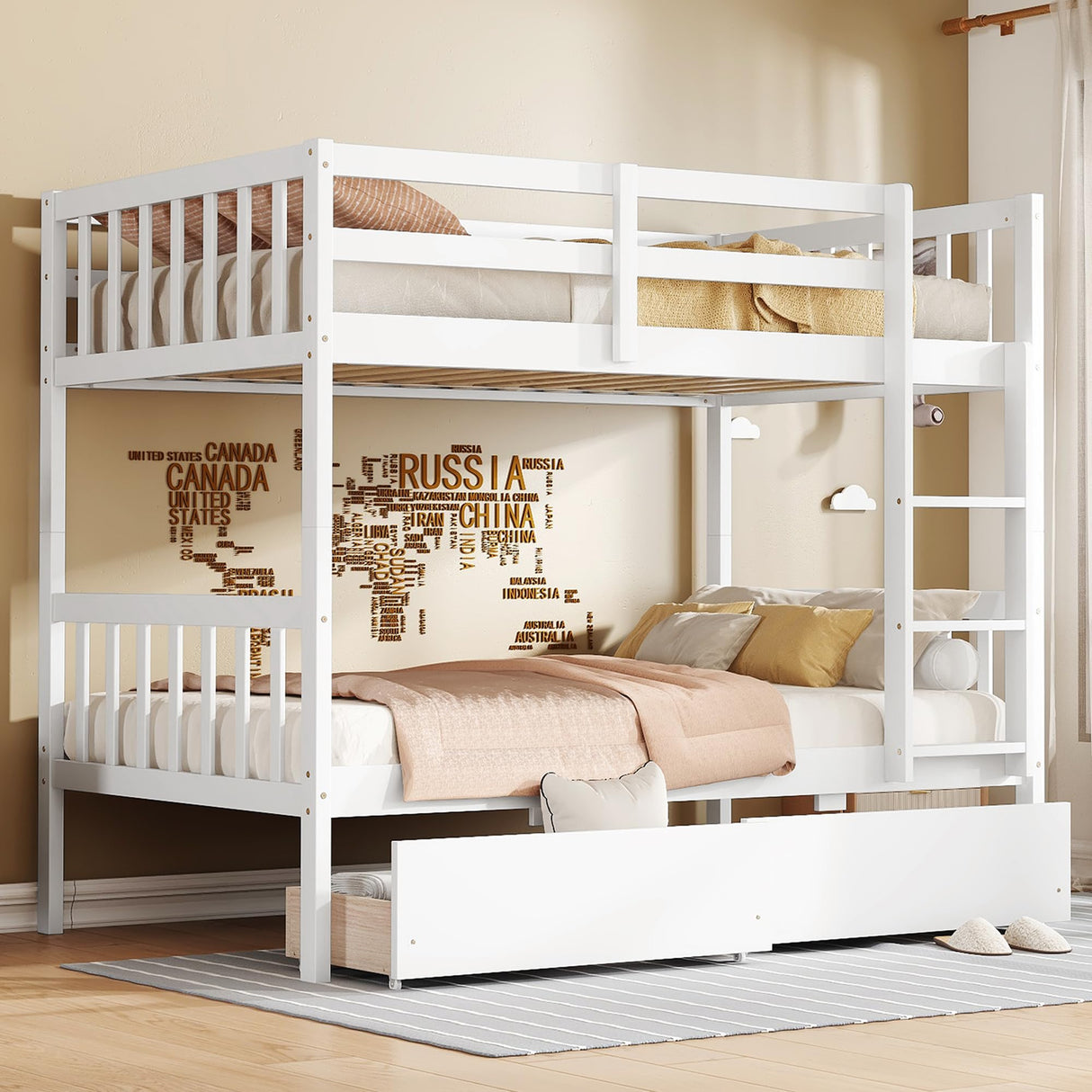 Twin Over Twin Bunk Bed with Storage Drawers, Solid Wood bunk Bed with Ladders and Raised Guardrails for Kids, Convertible into 2 Twin Beds, Bunk Bed Twin Over Twin, White Bellemave