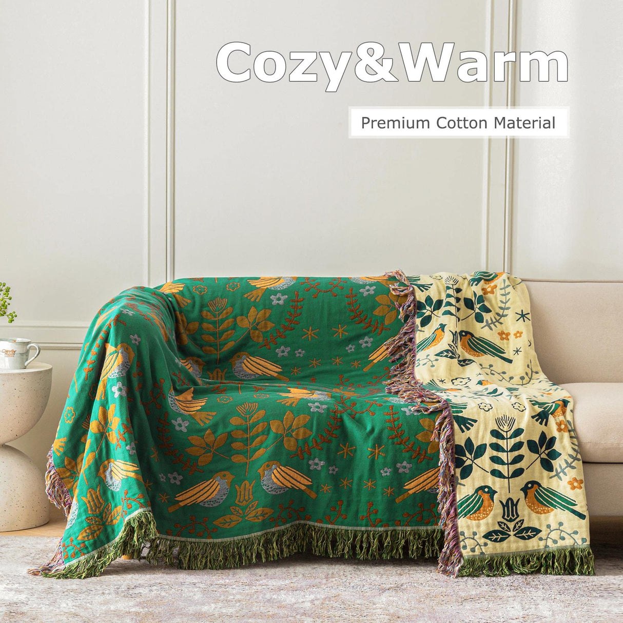 Boho Throw Blanket for Bed - 100% Cotton Ultra Soft Rustic Quilt Summer Blanket - Bird Floral Printed Farmhouse Decor Bed Blankets,60"×80" All Season Rustic Throw for Sofa Couch Chair LUTBM