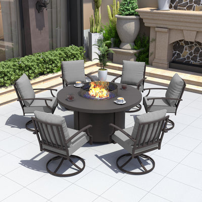 Kurapika 7 Piece Metal Outdoor Patio Furniture Set with Round Fire Pit Table, Patio Conversation Sets 6 Swivel Chairs with Thick Cushion and 40000 BTU Fire Pit Table, Grey