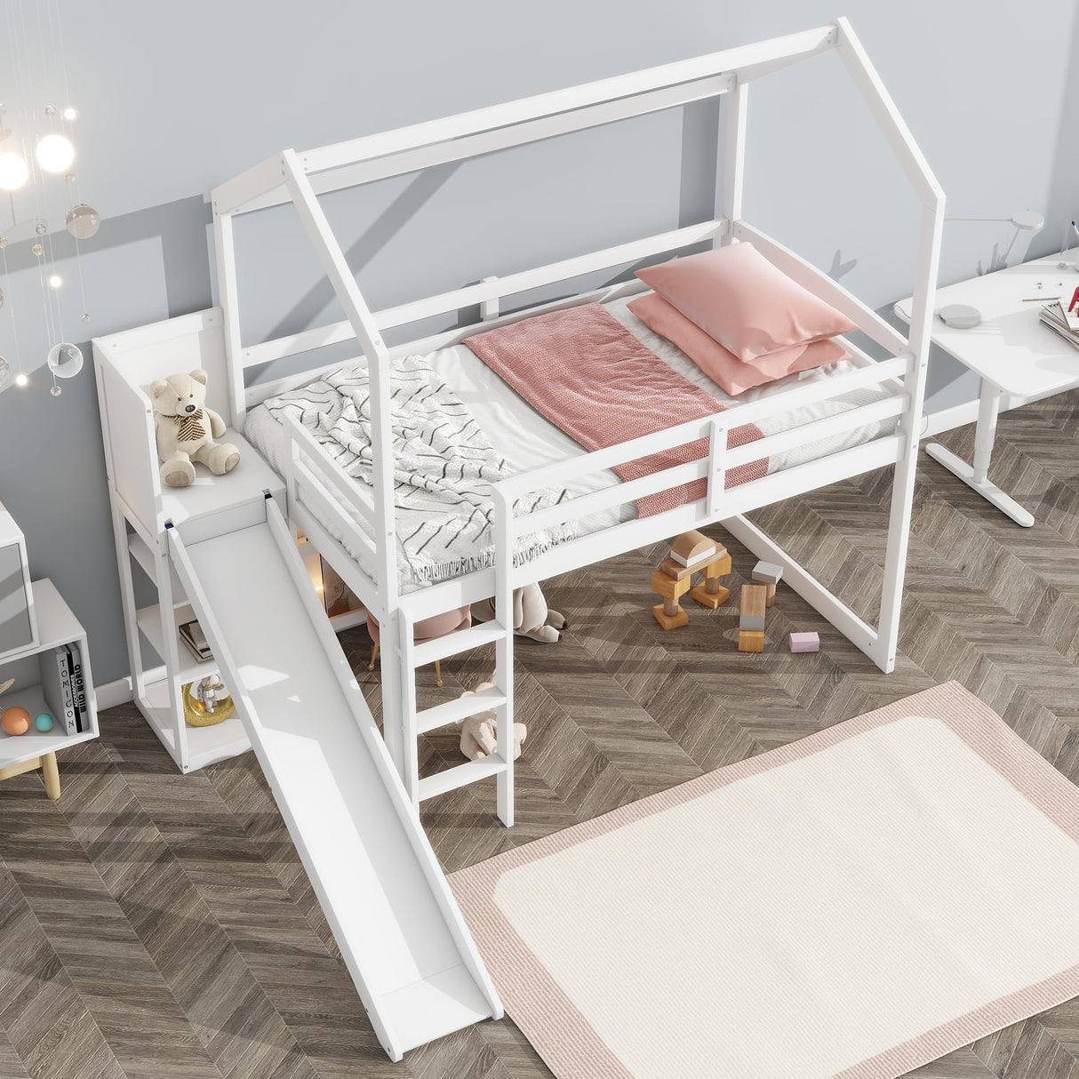 Harper & Bright Designs Twin House Loft Bed with Slide, Storage Shelves and Light, Wood Twin Bed Frame with Roof for Kids - White Harper & Bright Designs