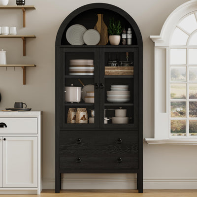 MECHYIN 71'' Tall Arched Cabinet, Arched Kitchen Pantry Cabinet with Doors, Wood Arch Storage Cabinets Display Bookcase with 2 Large Drawers and Adjustable Shelves, Versatile Cupboard for Living Room