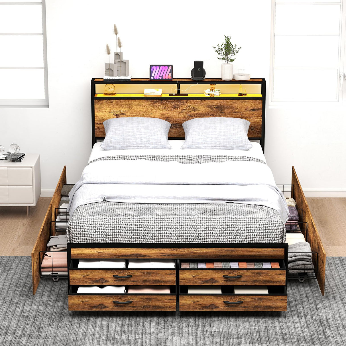 Zevemomo Queen Bed Frame with 8 Storage Drawers, Queen Metal Bed Frame with LED Light and Charging Station, Heavy Duty Metal Slats, No Box Spring Needed, Rustic Brown Zevemomo