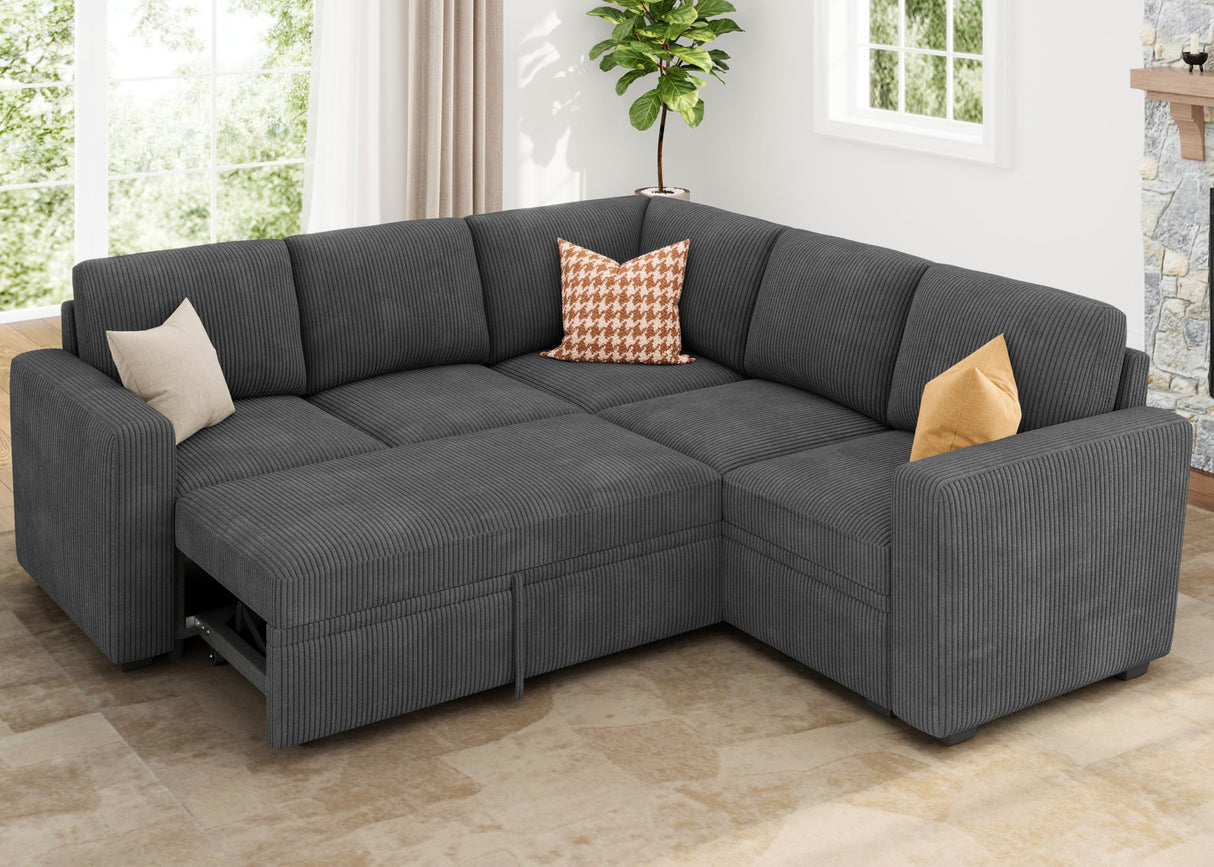 HONBAY Modular Sectional Sleeper Sofa with Pull Out Bed, Corduroy L Shaped Couch with Storage Seats, Convertible Sectional Couches for Living Room, Dark Grey HONBAY