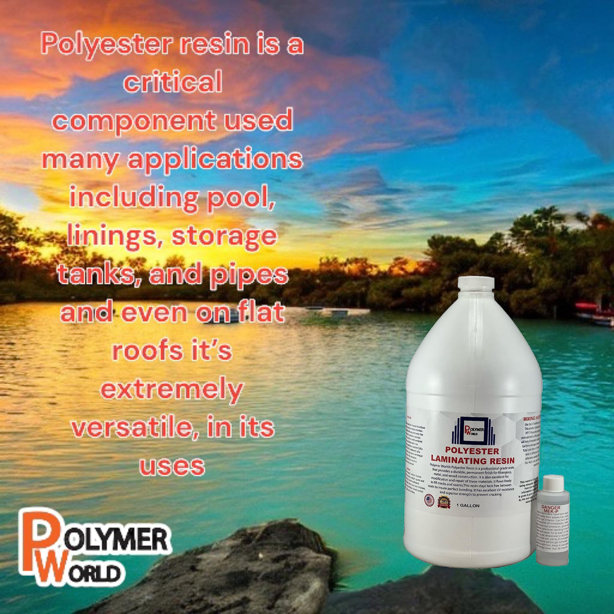 Polymer World- Polyester Resin 3 Gallon Kit with MEKP for Boats, Cars, Surfboards, RV, Pools,Canoes, Jetskis, Watercrafts (PR3G, 1) Polymer World