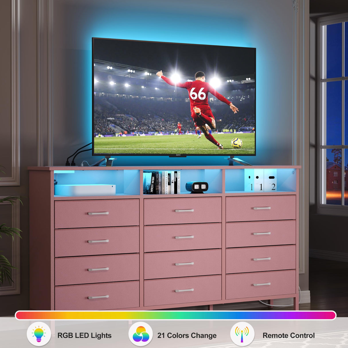 Dresser for Bedroom Bedroom Pink Dresser with LED Lights and Charging Station, 12 Long Fabric Drawers Dressers, Tall Wide Chest of Drawers Storage Organizer TV Stand for up to 65" TV for Living Room SOOWERY