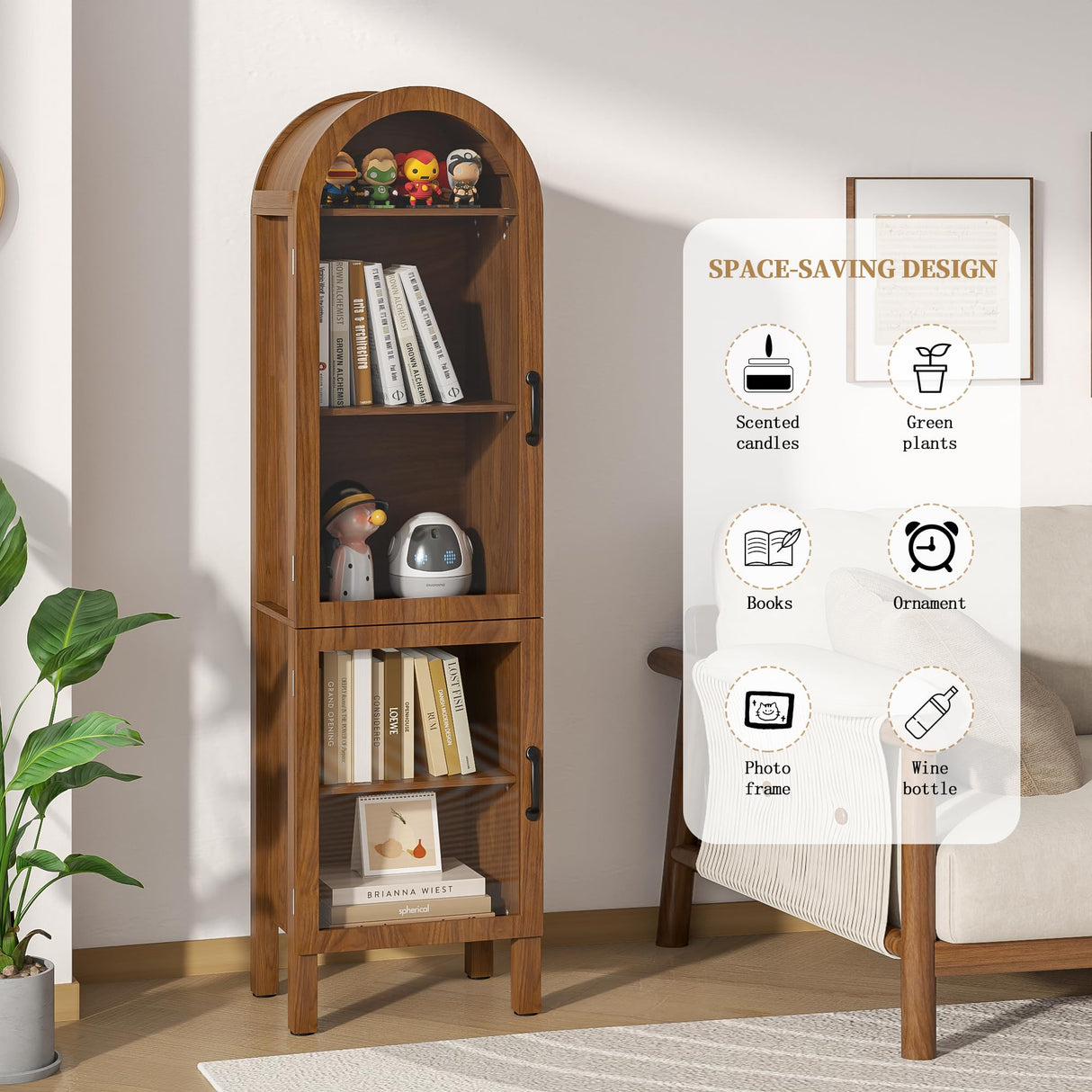 Lxsxlome Narrow Arched Bookcase, 64.17'' Tall Arch Bookshelf with Acrylic Glass Doors, 5 Shelf Bookcase, Freestanding Storage Organizer Display Cabinet for Living Room (Walnut, 64.17''H) Lxsxlome