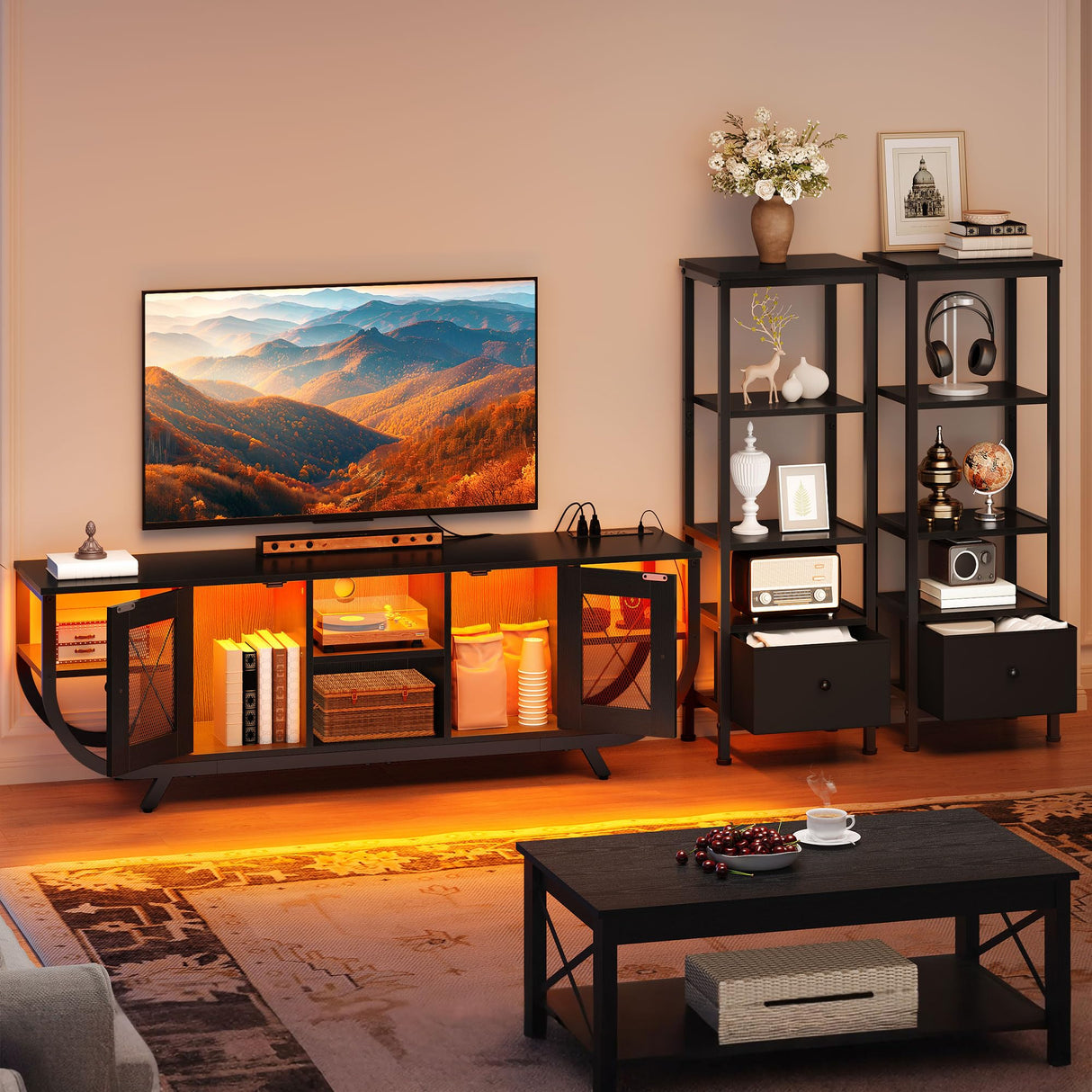 YITAHOME TV Stands for Living Room, LED TV Stand for 65 inch TV Entertainment Center with 2 Bookshelves, Modern Farmhouse TV Console Cabinet with Power Outlets, Black YITAHOME