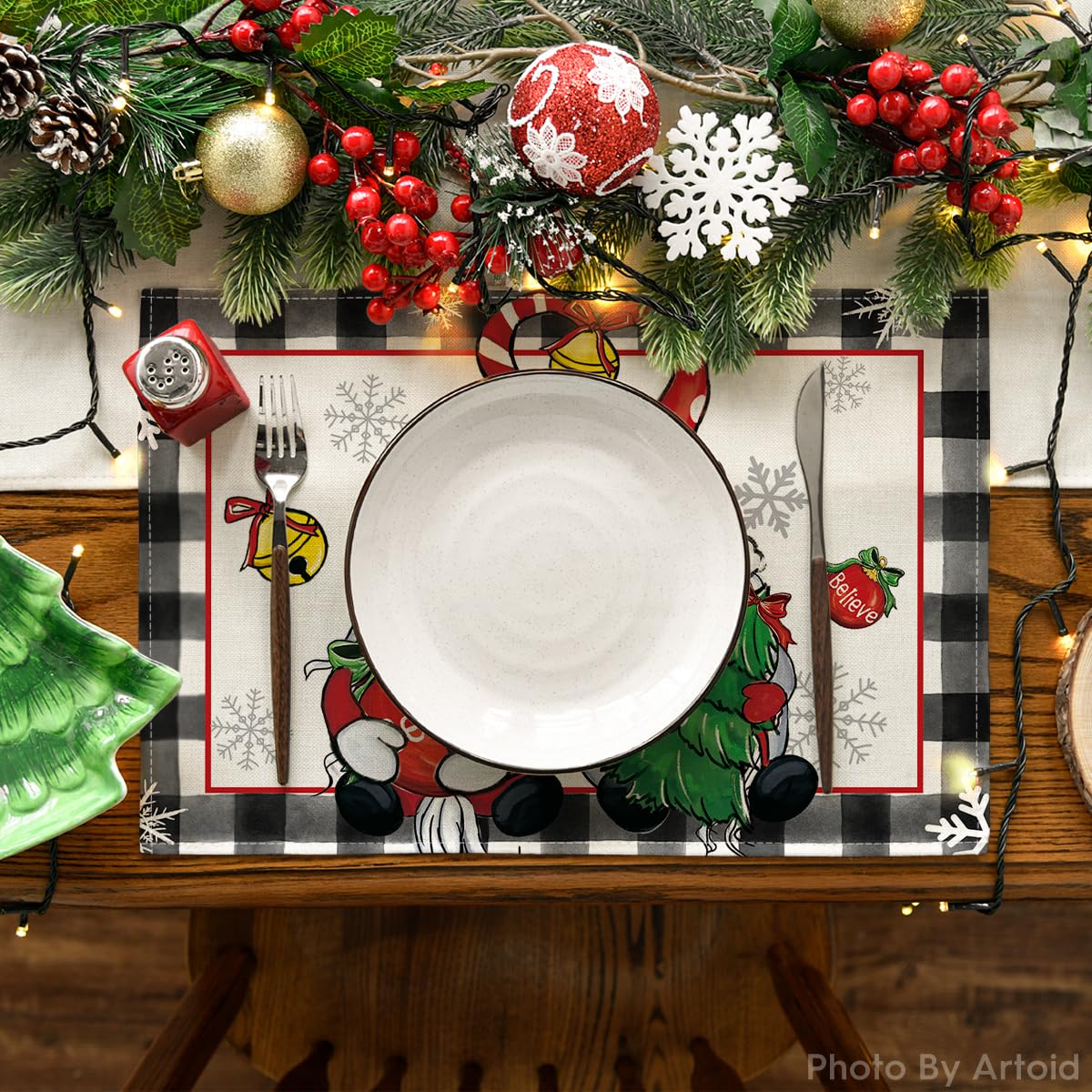 Artoid Mode Gnome Believe Xmas Balls Christmas Placemats Set of 4, 12x18 Inch Seasonal Winter Snowflake Table Mats for Party Kitchen Dining Decoration Artoid Mode