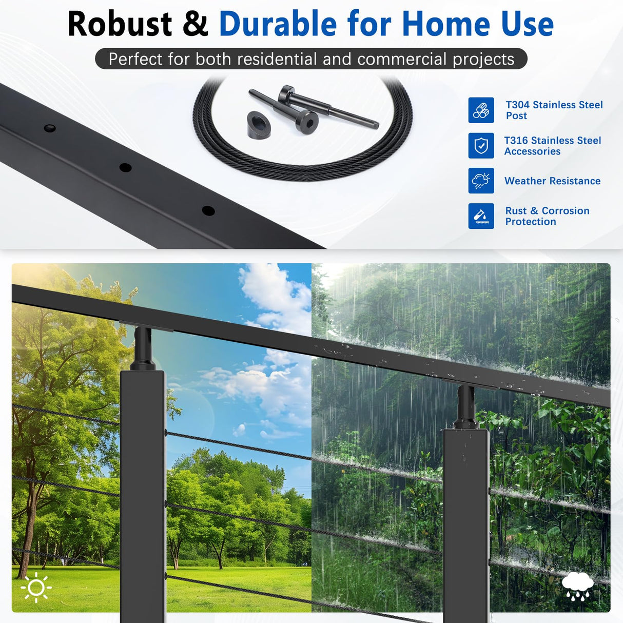 Zylorix 42" 2ft-8ft T304 Stainless Steel Cable Railing Post Kit(Flexible DIY 1+1) - 2Pack 33° Drilled Posts, Sufficient 118ft 1/8" Cable, Terminals, and Grommets with Cutter(No Handrail) for Decks Zylorix