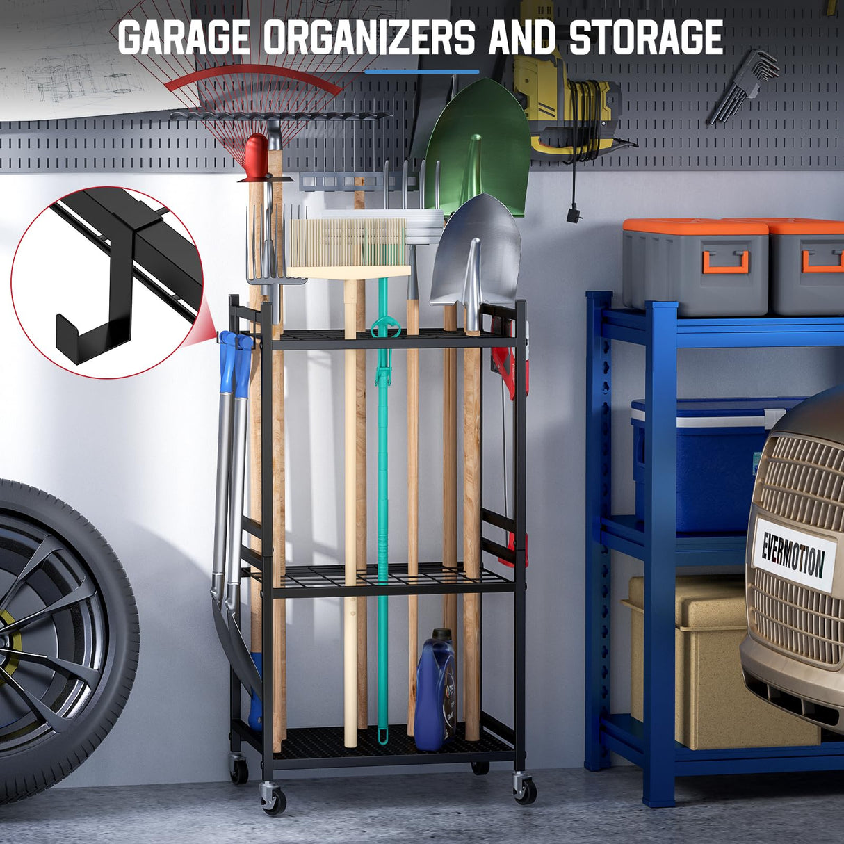 DAOUTIME Garden Organizer With Wheels, Yard Tower Rack for Garage Storage, Up to 35 Long-Handled Tools, Sturdy Metal Steel Holder With 3 Hooks, Outdoor, Black DAOUTIME