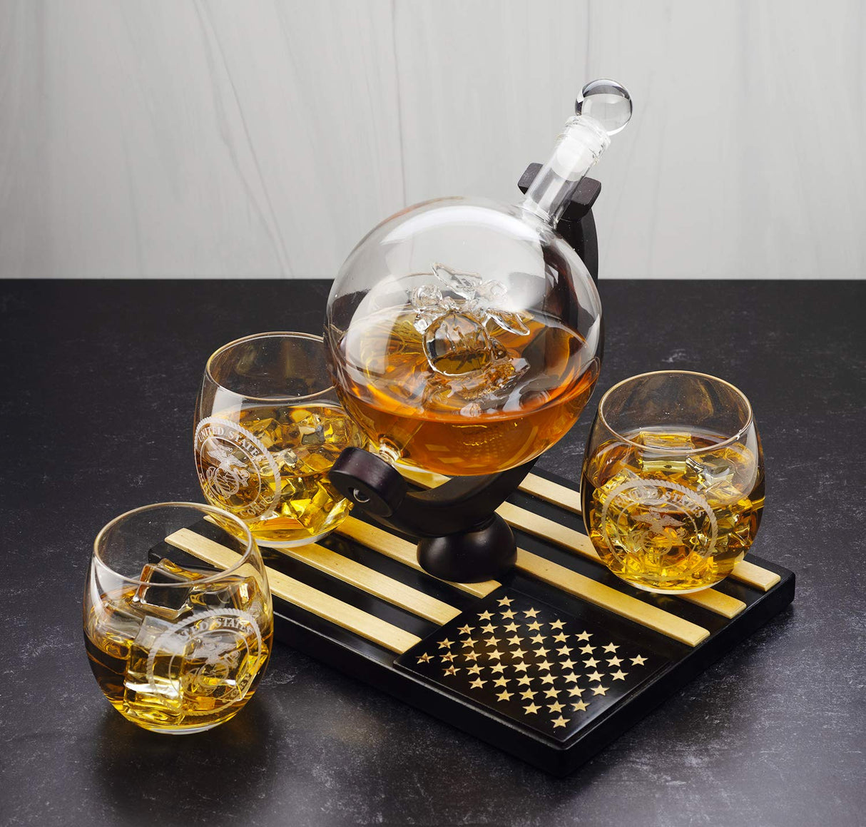U.S. Marine Globe Whiskey Decanter Set with 4 Liquor Glasses - Wood Flag Base Marine Veteran Gift Set - Navy Gifts Men, Dad, U.S.A Flag - Bourbon & Scotch Military Gift for Father The Wine Savant