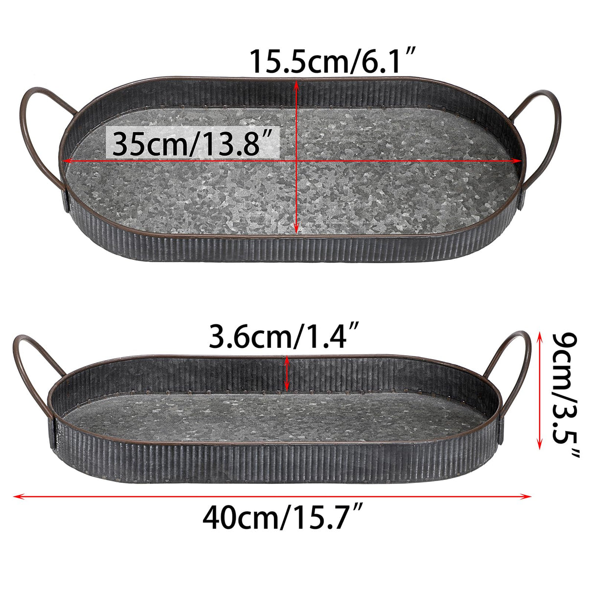 Hipiwe Oval Galvanized Metal Iron Tray with Handle, Industrial Style Storage Serving Tray Farmhouse Rustic Decorative Coffee Table Centerpiece for Home Decor Hipiwe