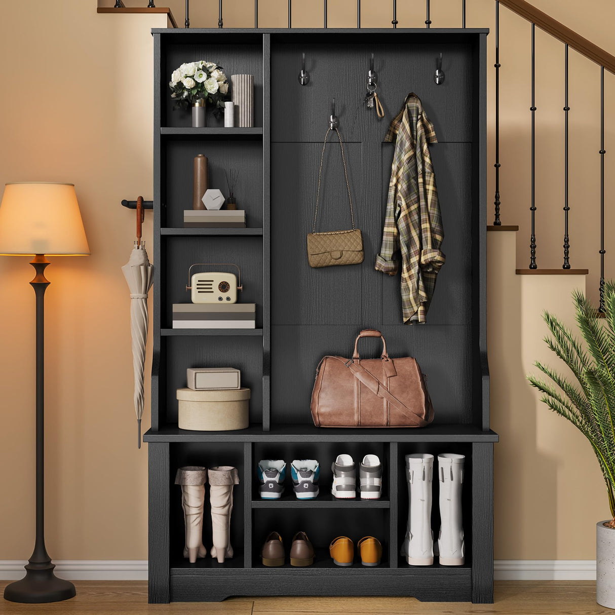 DWVO 39" Hall Tree with Bench and Shoe Storage, 6 Shoe Cubbies & 5 Coat Hooks, 4 Side Storage Cubbies, Entryway Bench with Coat Rack for Entryway Hallway Bedchamber Narrow, Adjustable Shelf (Black) DWVO