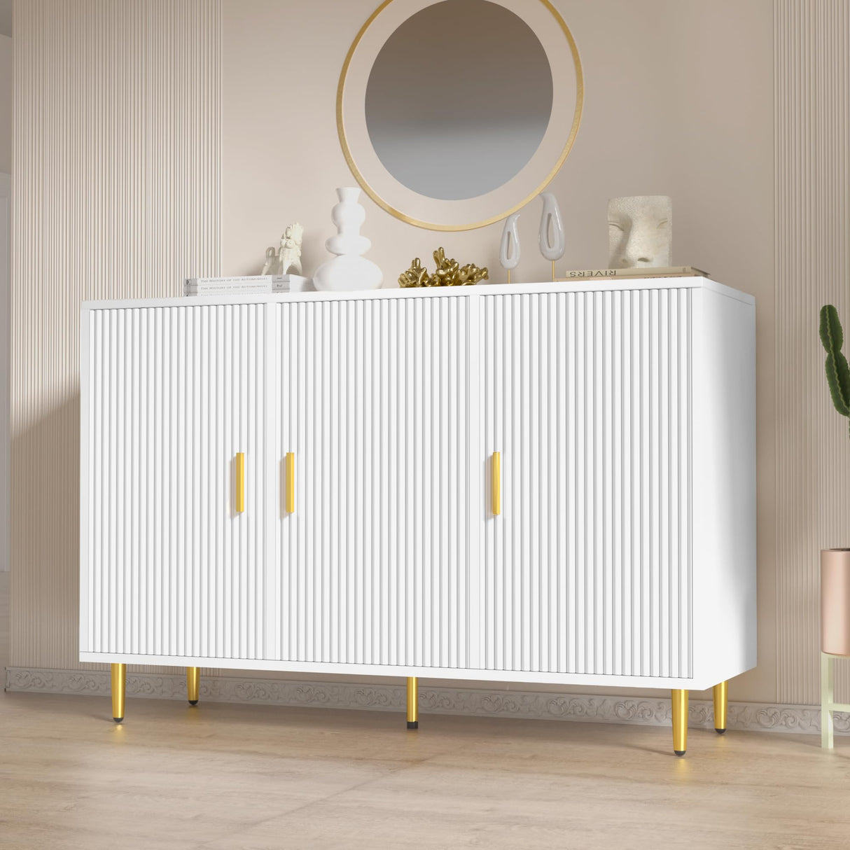 DIYART White Sideboard Buffet Cabinet, Accent Coffee Bar Cabinet with 3 Doors, Entryway Cabinet for Living Room, Kitchen, Hallway DIYART