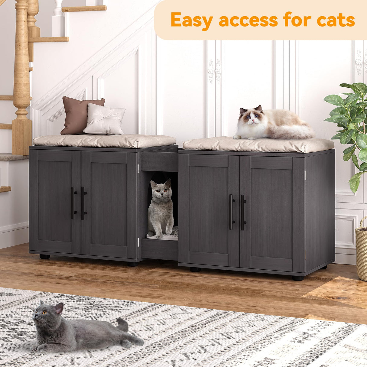 Gaomon Litter Box Enclosure with Double Room,Cat Hidden Litter Box Enclosure Furniture for 2 Cats with Double Room, 55”L x 17.7”W x 22.5”H Cat House,Wooden Enclosed Cat Litter Box Furniture,Walnut GAOMON
