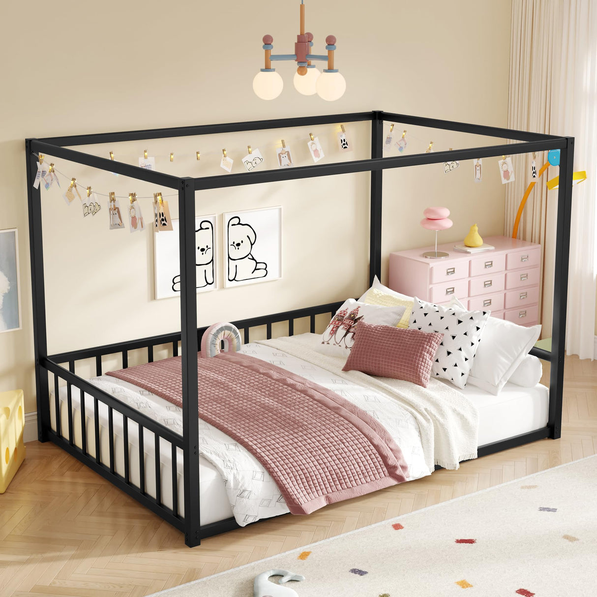 Full Size Canopy Floor Bed with 4 Posters and Guardrails, Full Size Montessori Floor Bed with High Fence, Anti Bump Design, Easy Assemble Montessori Beds, Heavy Duty Canopy Beds Black Bellemave