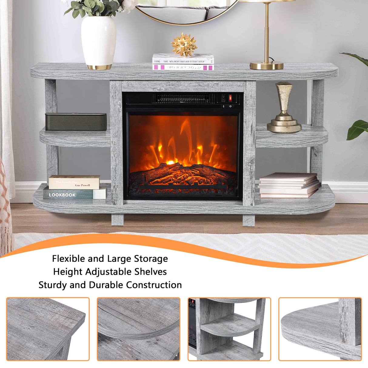 COMEFFIE 48" TV Stand with 18" Electric Fireplace Heater, Modern TV Stand for TVs up to 55 Inch, Entertainment Media Stand with Open Shelves and Storage Cabinets for Living Room, Bedroom (Grey) COMEFFIE