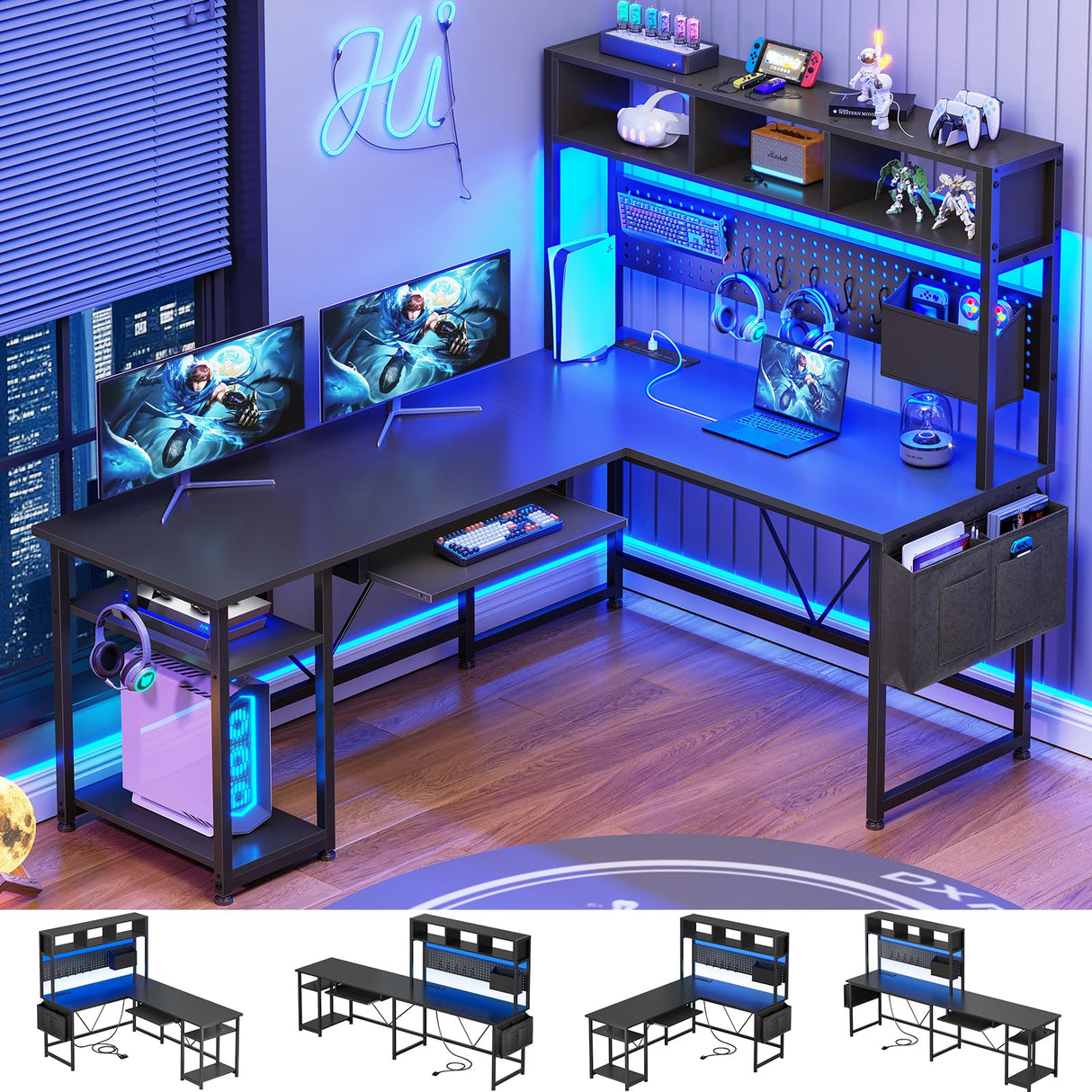 SEDETA L Shaped Gaming Desk with Hutch, 57.5” Reversible Corner Computer Desk with Storage Shelves, Gaming Desk with Pegboard, LED Lights, Power Outlet, Keyboard Tray and Storage Bag, Black SEDETA