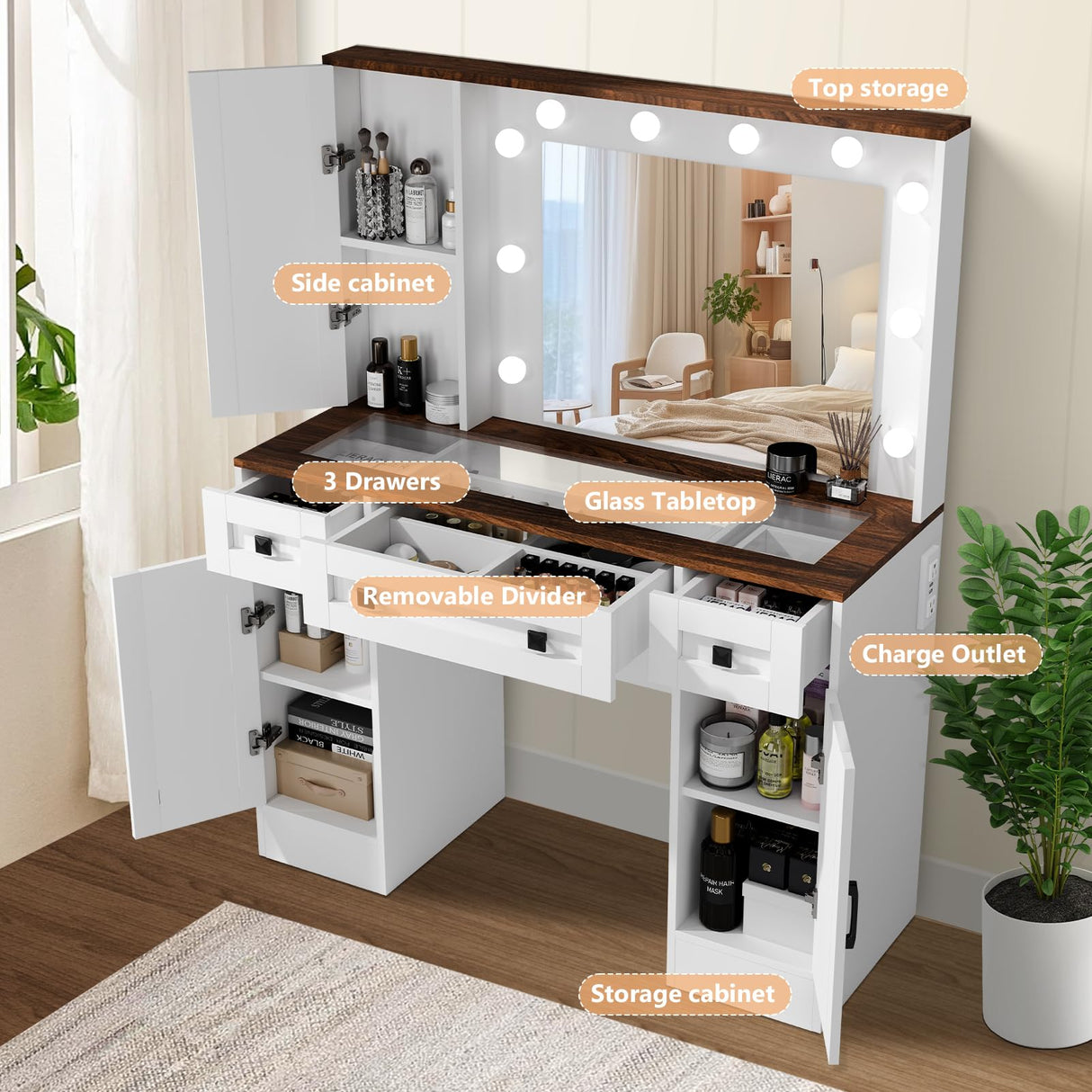 CUOZOVA Farmhouse Vanity Desk with Mirror and Lights, Glass Tabletop Vanity with Charging Station,Vanity Table with 3 Drawers & 3 Cabinets, White Rustic Makeup Vanity for Bedroom CUOZOVA