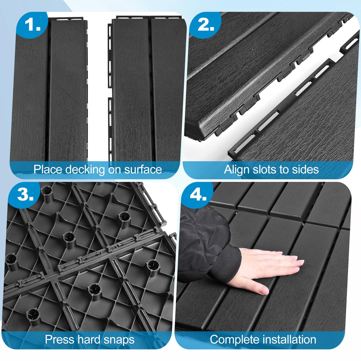 ToLanbbt Plastic Interlocking Deck Tiles 9 Pack 12"x12" Waterproof Indoor Outdoor Composite Patio Flooring Decking Tiles All Weather Use for Patio Porch Balcony Backyard Poolside, Dark Grey ToLanbbt