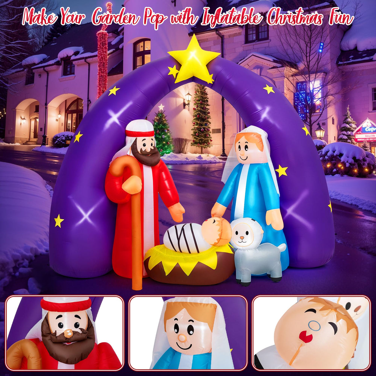 8FT FUN LITTLE TOYS 2024 Nativity Scene Christmas Inflatable with LED Lights for Outdoor Yard Decoration FUN LITTLE TOYS