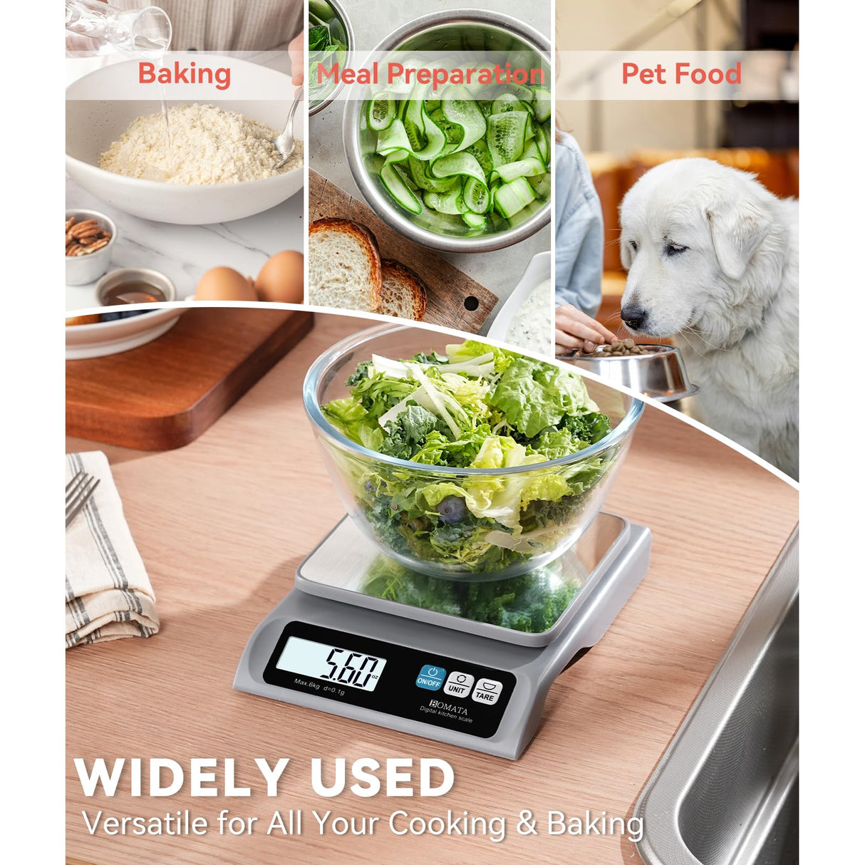 BOMATA 0.1g/ 13lb Food Scale, Digital Kitchen Scale with Removable Stainless Steel Pan, Backlit LCD Display, for Cooking, Baking B621 Grey BOMATA