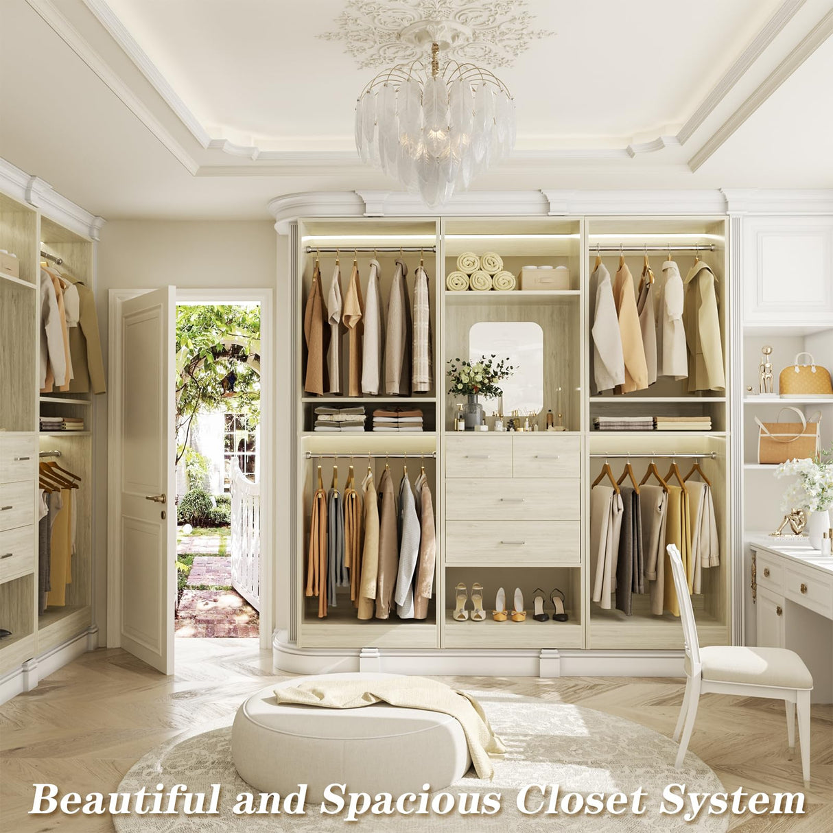 Unikito 75” Closet System with 4 Drawers, 6.3FT Wood Walk in Closet Organizer with Hanging Rods and Mirror, Reversible Large Closet Wardrobe with Shelves, Max Load 2000 LBS, White Oak Unikito