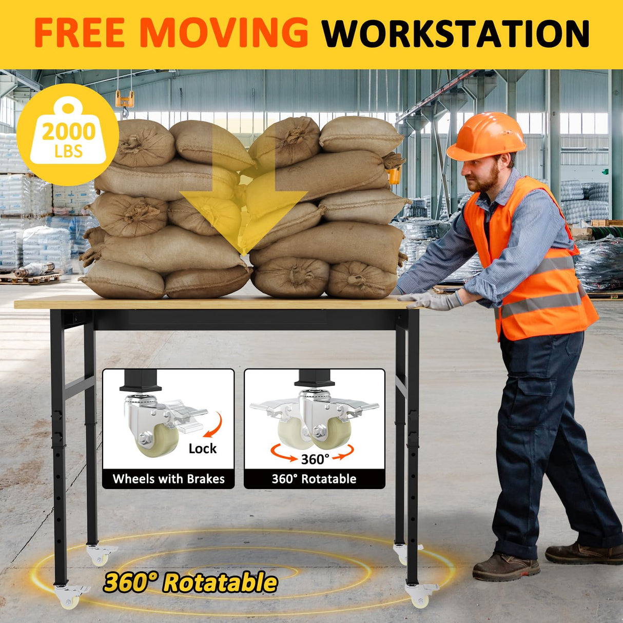 Kieperi 60” Rubberwood Work Bench with Drawers, Heavy Duty Adjustable Workbench with Power Outlet and Wheels, 2000 Lbs Capacity Workstation for Garage Kieperi