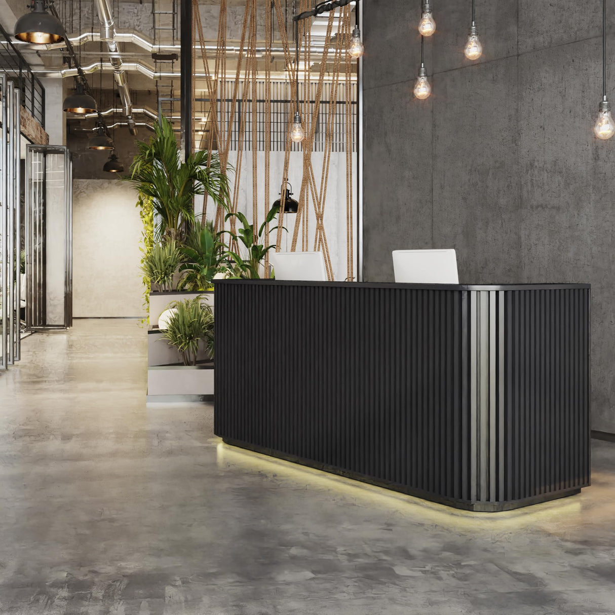 ONNAHOMEStlyle 70.87in Black Curved Reception Desk with Lock Counter, Mid Century Front Desk Reception Room Table with LED Lights, Retail Counter for Checkout, Lobby, Beauty Salon ONNAHOMEStlyle