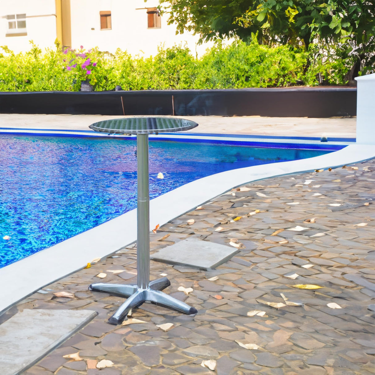 BTEXPERT Aluminum Indoor Outdoor 23.75" Round Restaurant Bar Height 45" Table flip top, Patio Stainless Steel Silver Furniture 25.75" Base BTEXPERT