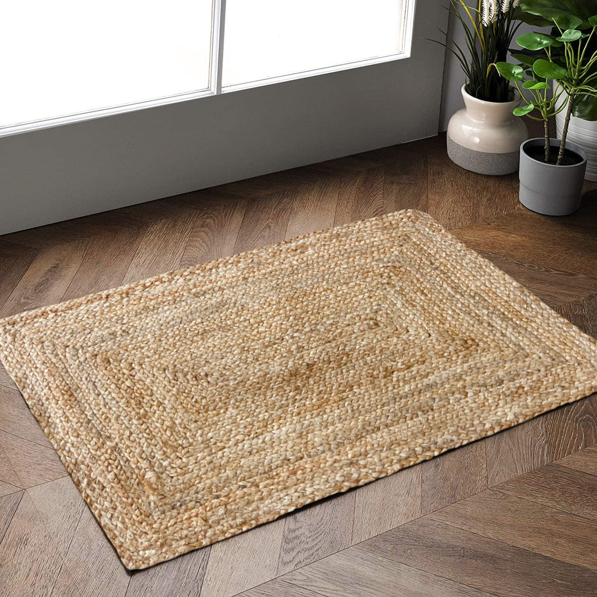 Hausattire Hand Woven Jute Braided Rug, 2'x3' – Natural, Reversible Boho Entry Area Rugs for Kitchen, Living Room I Farmhouse Indoor Outdoor Decorative Floor Rug, 24x36 Inches Hausattire
