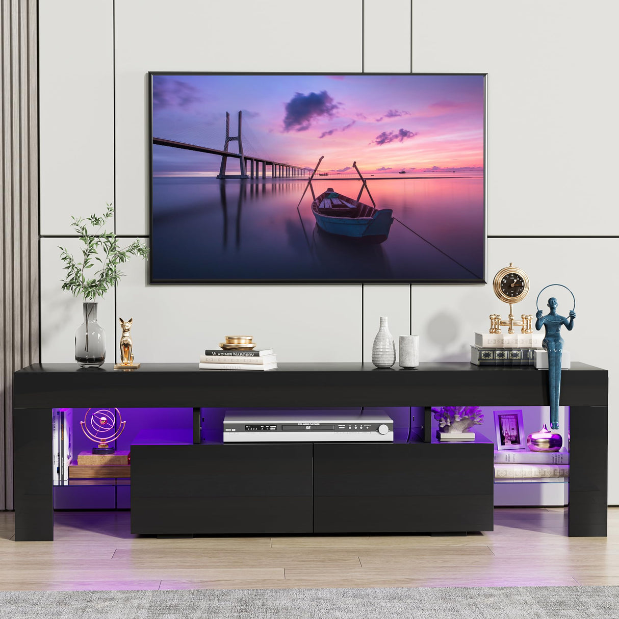JUMMICO TV Stand with LED Lights, Modern Entertainment Center Media and Open Shelf Console Table Storage Desk with 1 Drawer and Remote Control 20 Color LED Lights up to 70 Inch TV (Black) JUMMICO