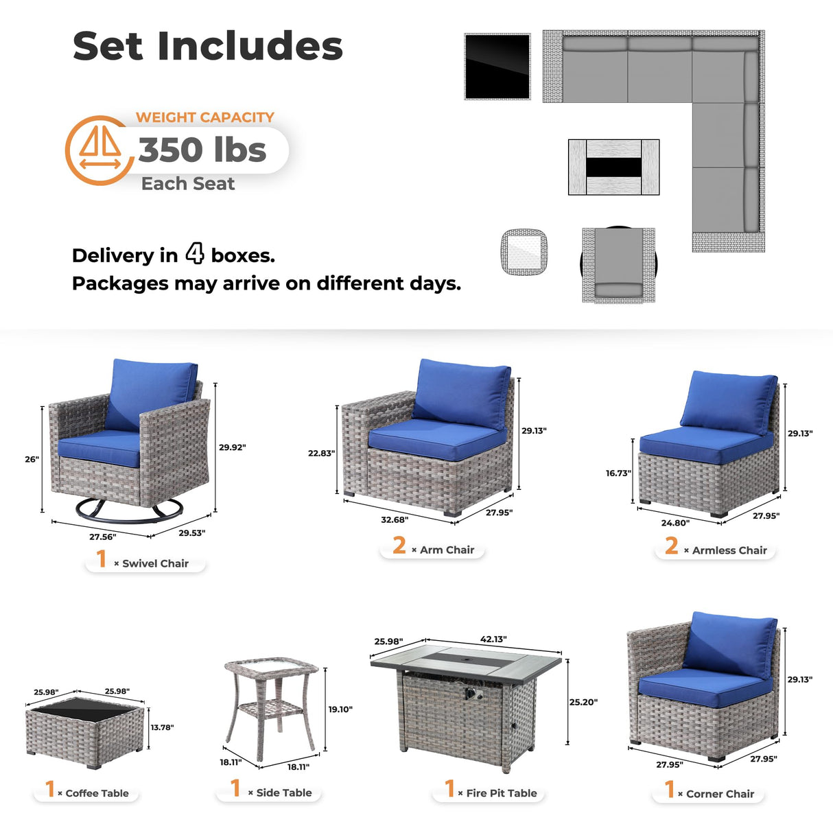 ovios 9 Pieces Patio Furniture Set, Outdoor Wicker Sectional Sofa with 42" Fire Pit Table Swivel Chair, Modern Modular Deep Seat Rattan Couch Conversation Sets, Navy Blue ovios