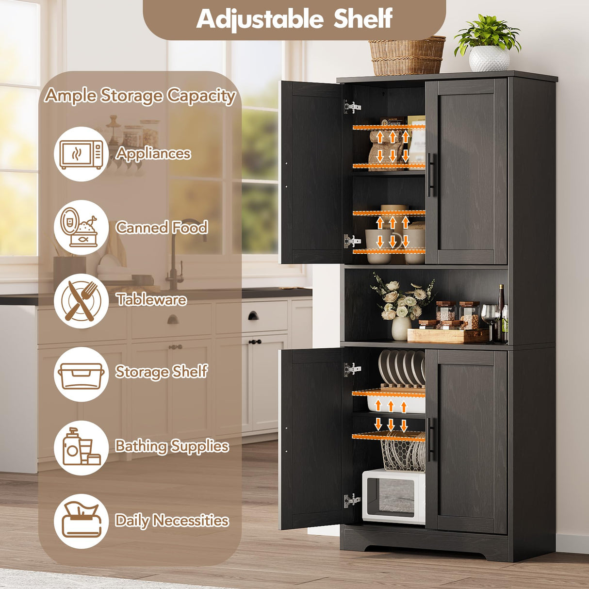 GarveeHome Tall Storage Cabinet, 70" Kitchen Pantry Cabinet with Doors and Adjustable Shelves, Rustic Wooden Cupboard for Dining Room, Living Room,Black GarveeHome