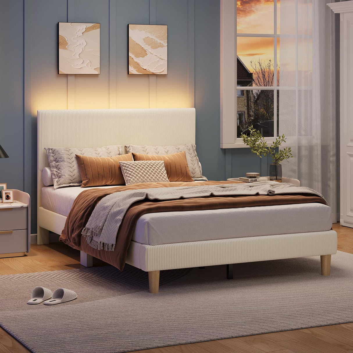 Bestier Full Bed Frame with Adjustable Headboard, LED Lighting, Vertical Channel Tufted Corduroy Upholstered, Solid Wooden Slats Support, No Box Spring Needed, Never Squeaks, Easy Assembly, Beige Bestier