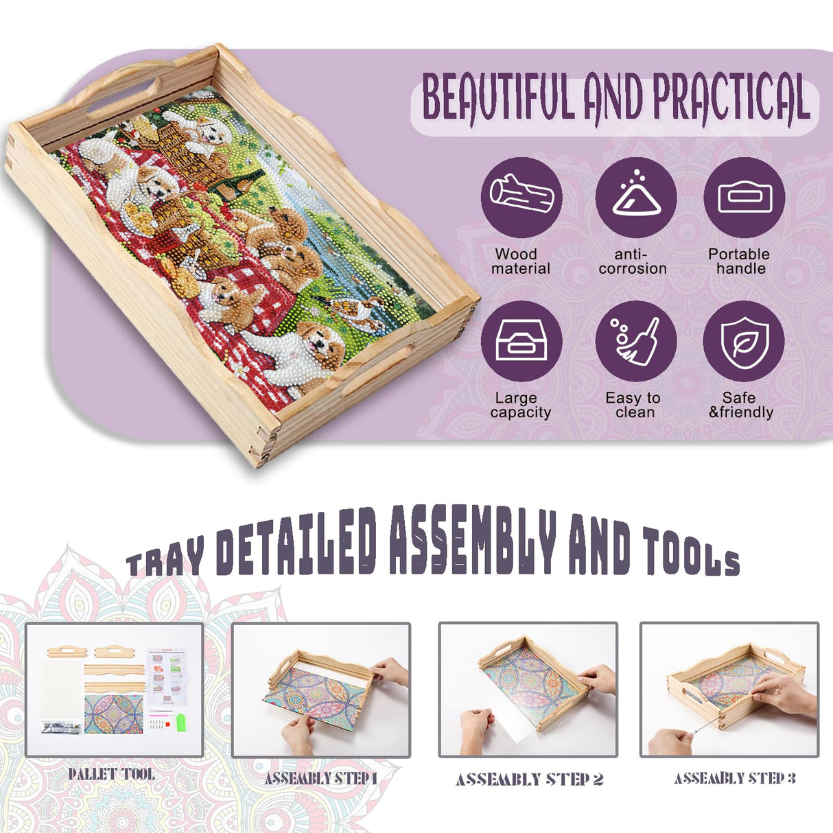 EWJRNSF Diamond Art Kits for Adults Wooden Serving Trays with Handles, 5D Diamond Painting Big Gem Arts and Craft Gifts Trays Decor Gift Home Decor 7.8x11.8 Inches Dog A EWJRNSF