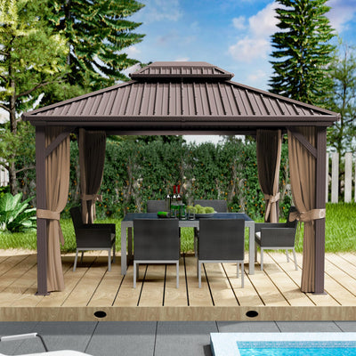 Kozyard 10'x12' Hardtop Gazebo - Permanent Metal Pavilion with Netting Shaded Curtains for Patio, Backyard, and Deck - Galvanized Steel Outdoor Aluminum Canopy, Double Roof Gazebo (Dark Brown)