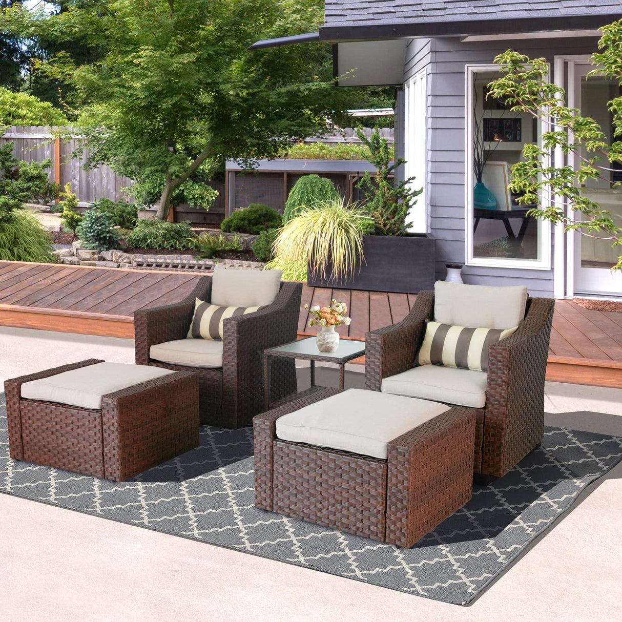 Crownland 5 Pieces Wicker Patio Conversation Set All Weather Outdoor Wicker Lounge Chair and Ottoman Conversation Set with Coffee Table & Cushions (Brown) Crownland