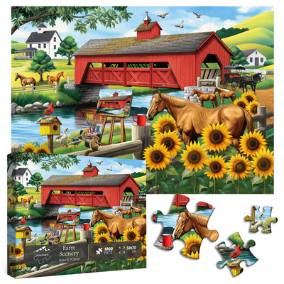 PICKFORU Farm Animals Puzzles for Adults 1000 Pieces, Vintage Barn Country Horse Puzzle 1000 Pieces, Sunflower Plant Painting Jigsaw Puzzles as Home Decor