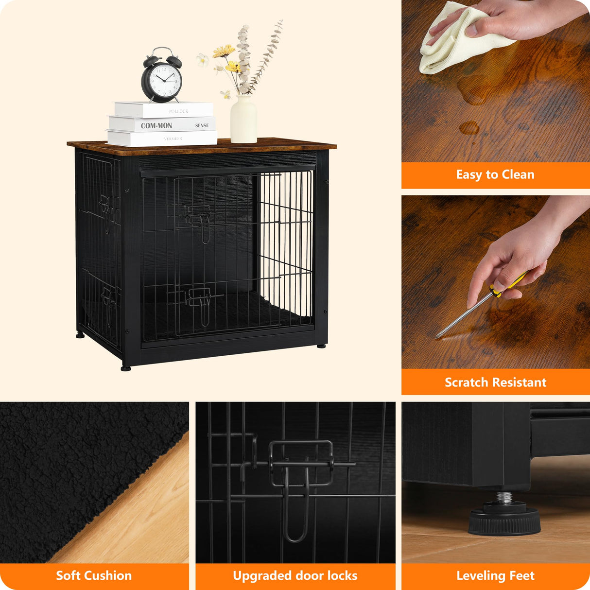 DWANTON Dog Crate Furniture with Cushion, Wooden Dog Crate with Double Doors, Dog Furniture, Dog Kennel Indoor for Small Dog,End Table, 27.2" L, Black+Rustic Brown Dwanton