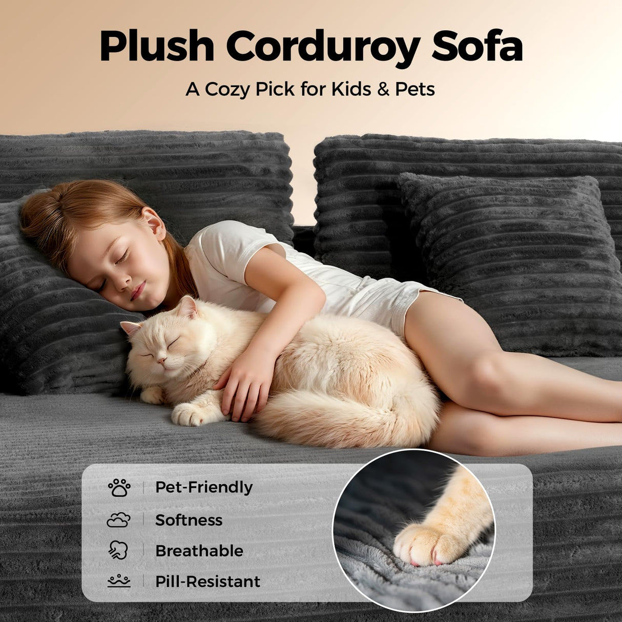 CAMMOO 108” Cloud Sectional Couch in One Box, Compressed Modern Modular Sectional Sofa with Deep Seat, Corduroy Boneless Couches with Chaise, L-Shaped Sofa for Living Room, 4 Storage Pockets(Grey) CAMMOO