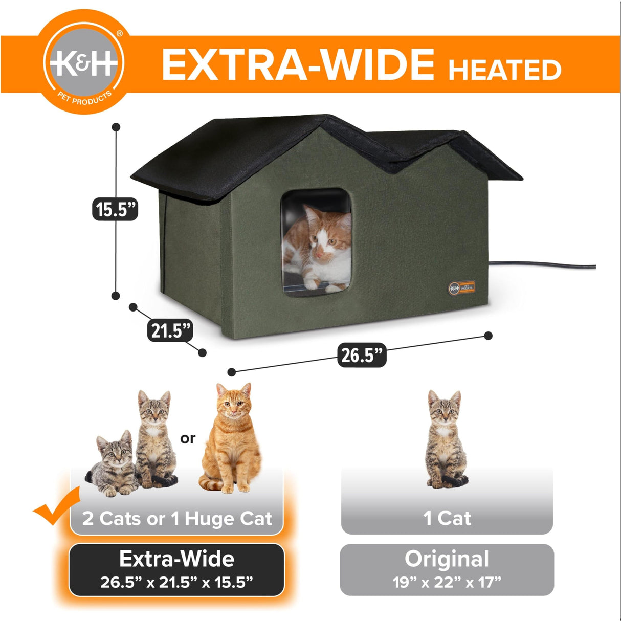 K&H Pet Products Heated Outdoor Cat House Extra-Wide Winter Shelter for Ferals - Cat House for Outdoor Cats, Heated Kitty House for Outside Weatherproof Insulated Protection 26.5" X 21.5" X 15.5" K&H Pet Products