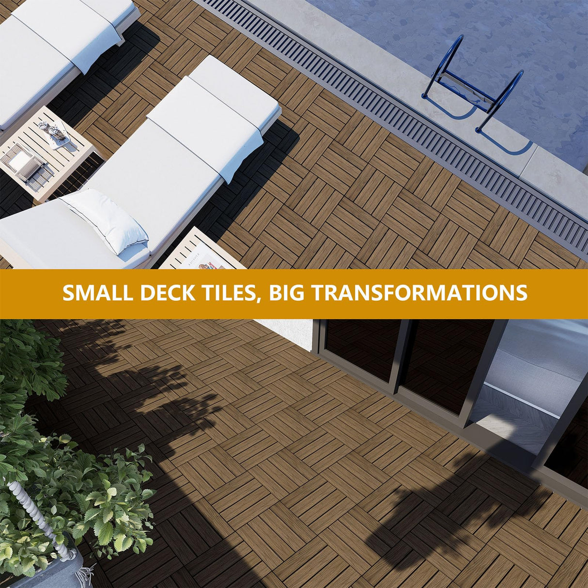 Feilingwood Composite Wood Patio Deck Tiles-12" x 12" Composite Deck Tiles 20 PCS, All Weather Waterproof Outdoor Interlocking Flooring Tile for Balcony, Backyard, Porch (Golden Teak) feilingwood