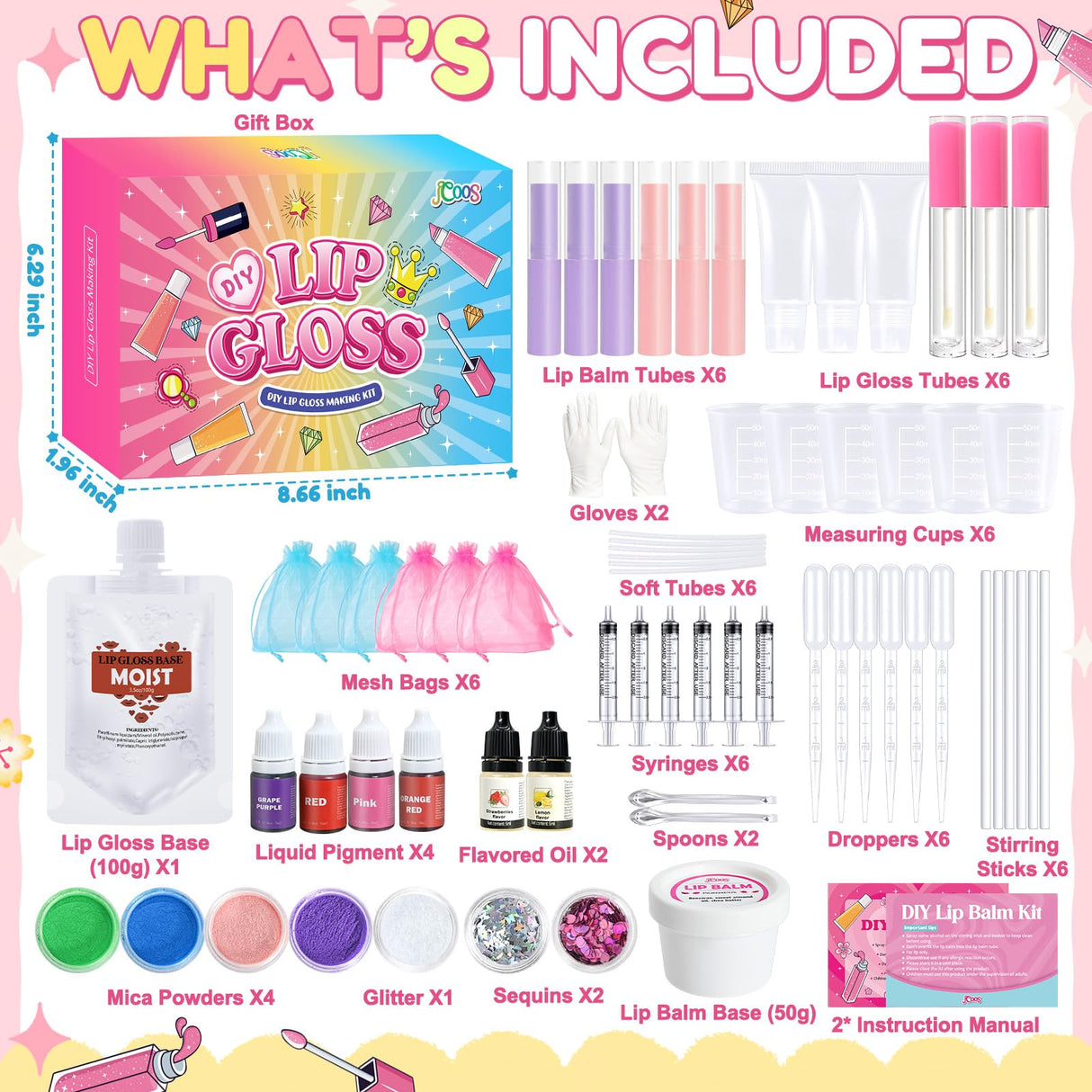 JCOOS Lip Gloss Making Kit and Lip Balm Making Kit, Make Your Own Lip Gloss Kit, Lip Balm Kit, Lipgloss Tubes, Moisturizing Base, Glitter, Kids Makeup Lipgloss Sets for Girls, Fun Stuff for Teens Gift Jcoos