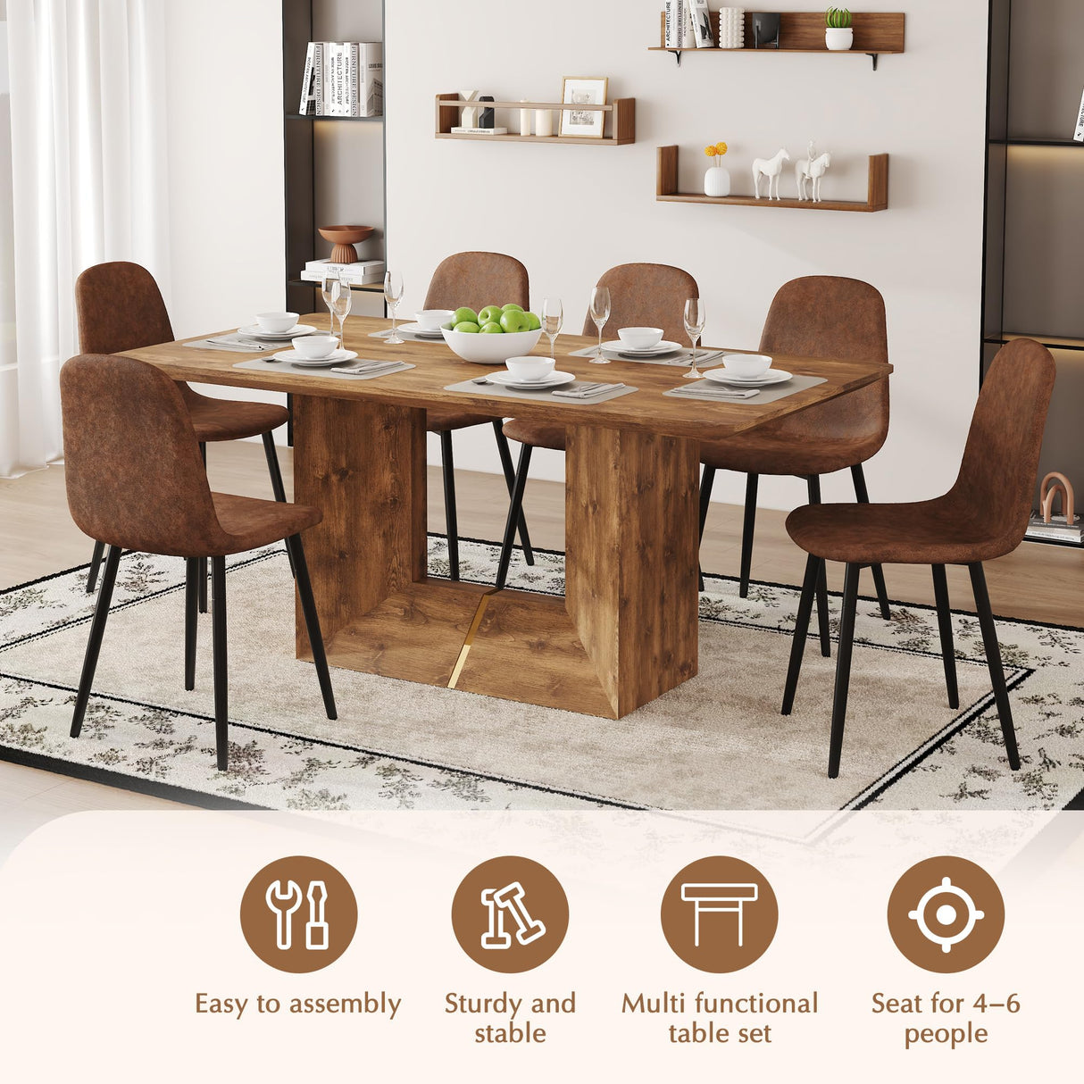 Vohuai 63'' Wood Dining Table Set for 6|Ideal for Kitchen Dining Room|Mid Century Modern Dining Room Set|Farmhouse Kitchen Table Chairs Set|U-Shaped Base|Comfortable Suede Chairs|Easy Assembly Vohuai