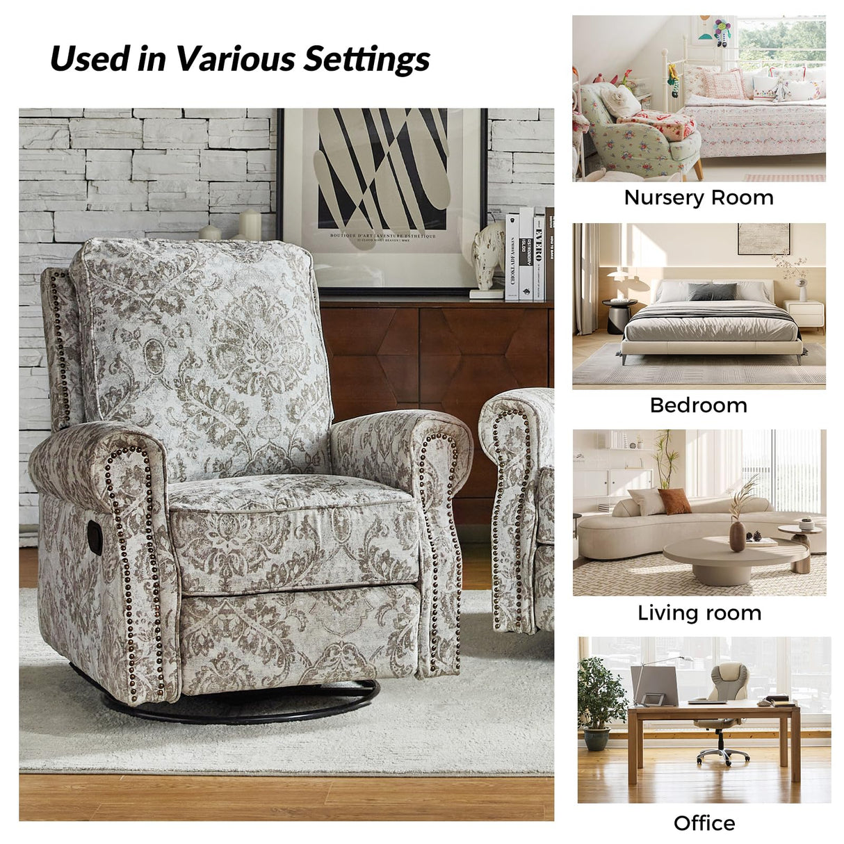 HULALA Home Modern Rocker Recliner, Printed Fabric Swivel Glider with Adjustable Backrest & Footrest, Beige HULALA HOME