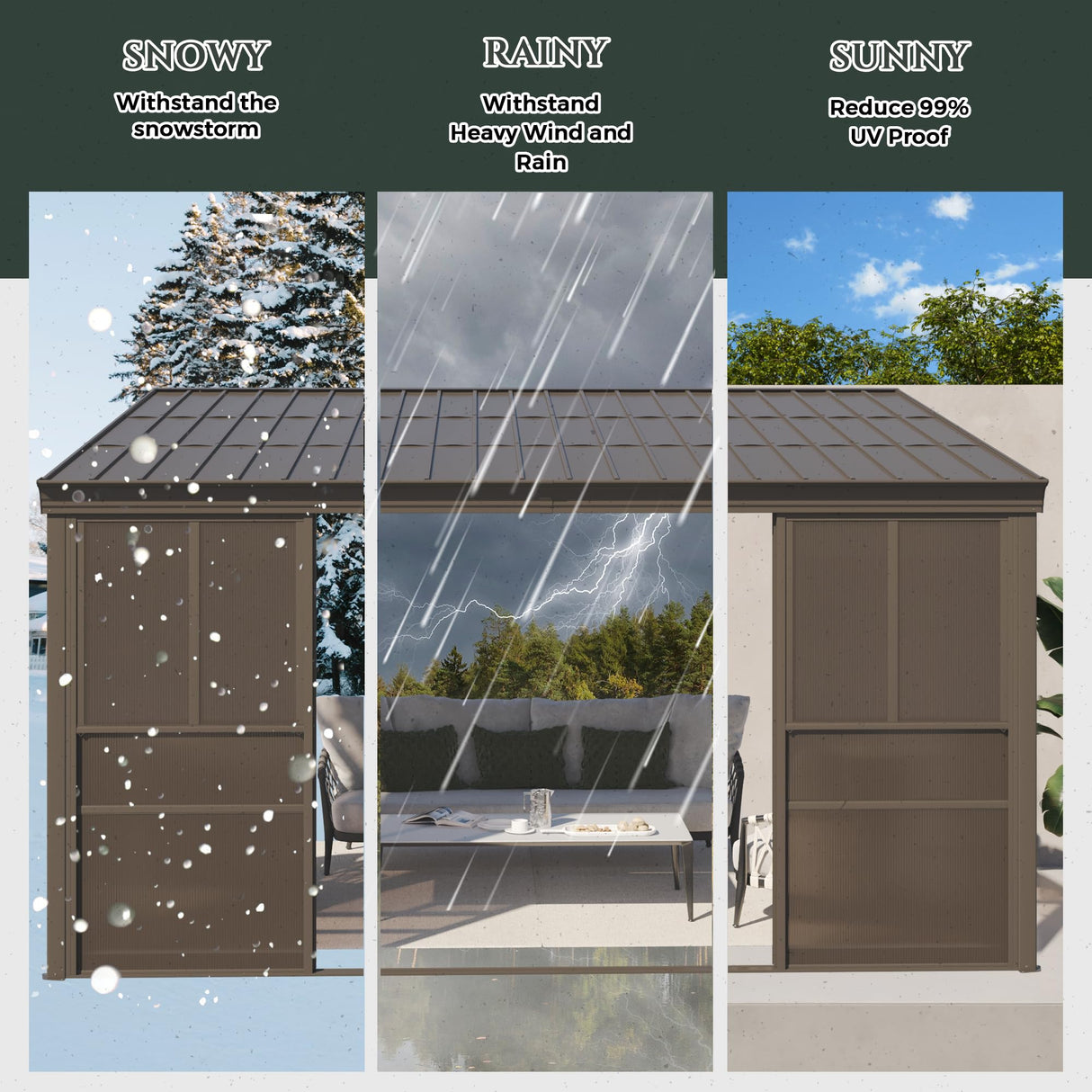 YOLENY 10x14FT Sunroom,Wall Mounted Gazebo Solarium with Front Door, Both Side Entrance, Galvanized Steel Sloping Roof, Moveable PC Screen, Outdoor Permanent Sun Room Lean to Gazebo for Deck Patio YOLENY